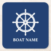 あなたのボート名は船のホイールヘルム海軍ブルー スクエアペーパーコースター (正面)