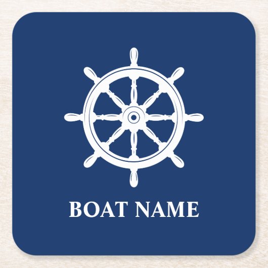 あなたのボート名は船のホイールヘルム海軍ブルー スクエアペーパーコースター (正面)