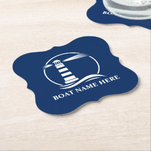 あなたのボート名または文字クラシックライトハウスブルー ペーパーコースター