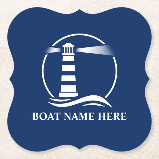 あなたのボート名または文字クラシックライトハウスブルー ペーパーコースター (正面)