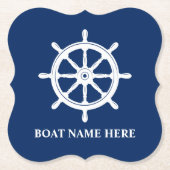 あなたのボート名または文字船ホイールヘルムブルー ペーパーコースター (正面)