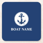 あなたのボート名クラシックロープ&いかりブルー スクエアペーパーコースター (正面)