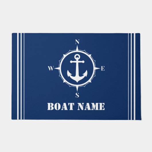 あなたのボート名コンパスいかりネイビーブルーエントリーウェイ ドアマット (正面)