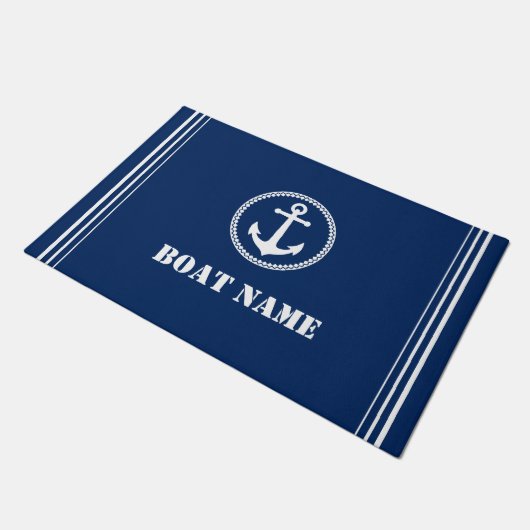 あなたのボート名シーいかりネイビーブルーエントリーウェイ ドアマット (アングル)
