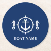 あなたのボート名シーホースいかりブルーコースター ラウンドペーパーコースター (正面)