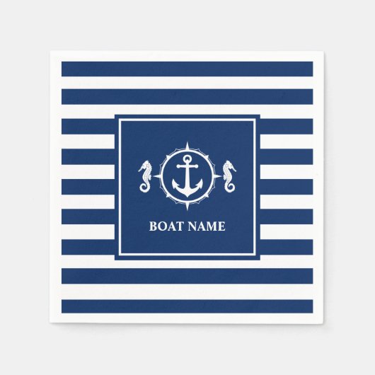 あなたのボート名シーホースいかりブルーストライプズ スタンダードカクテルナプキン (正面)