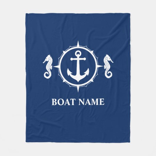 あなたのボート名シーホースいかりブルーフリースブランケット フリースブランケット (正面)