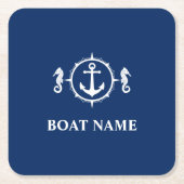 あなたのボート名シーホースいかりブルー スクエアペーパーコースター (正面)