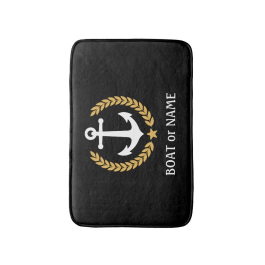 あなたのボート名航海のいかり金ゴールドローレルブラック バスマット (正面縦)