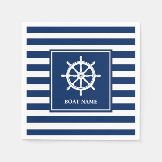 あなたのボート名航海の船車輪ヘルムストライプの スタンダードカクテルナプキン (正面)