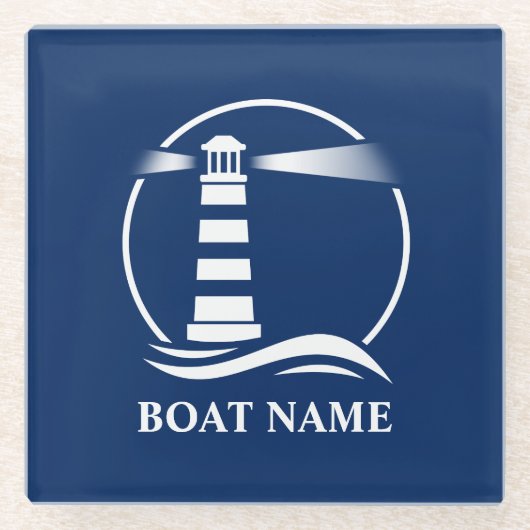 あなたのボート名&クラシック灯台 ガラスコースター (正面)