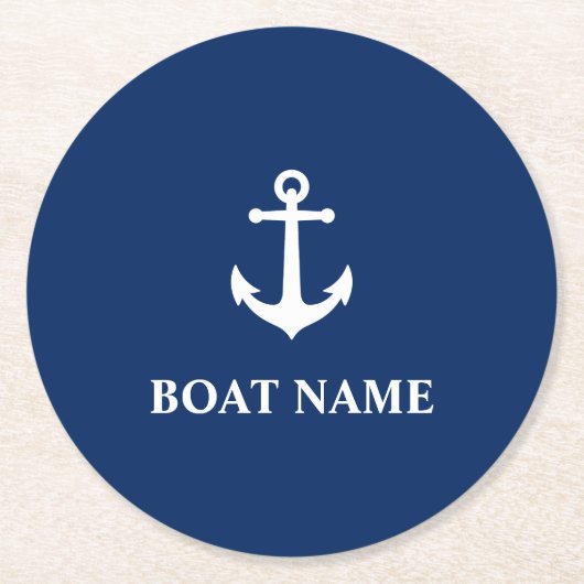 あなたのボート名&ヴィンテージ航海のいかりネイビーブルー ラウンドペーパーコースター (正面)