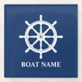 あなたのボート名&船ホイールヘルム ガラスコースター (正面)