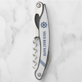 あなたのボート名Ship Wheel Helm Blue白ストライプ ソムリエナイフ (正面)