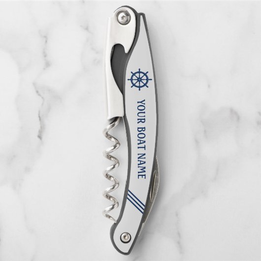 あなたのボート名Ship Wheel Helm Blue白ストライプ ソムリエナイフ (正面)