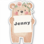 あなたのメッセージまたは名前かわいい女の子のクマ保持サイン シール (正面)