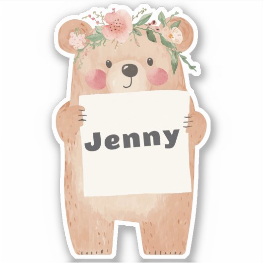 あなたのメッセージまたは名前かわいい女の子のクマ保持サイン シール (正面)