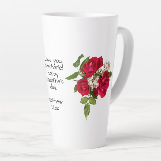 あなたのメッセージ：赤いローズブーケ写真バレンタイン カフェラテマグ (右アングル)