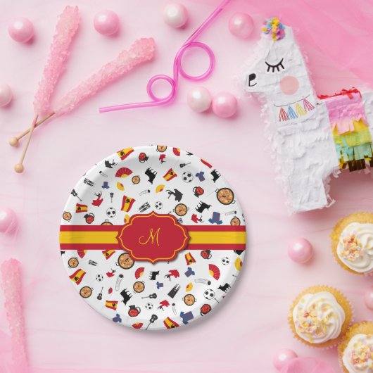 あなたのモノグラムを加える旗が付いているスペインのな項目 ペーパープレート (パーティー)