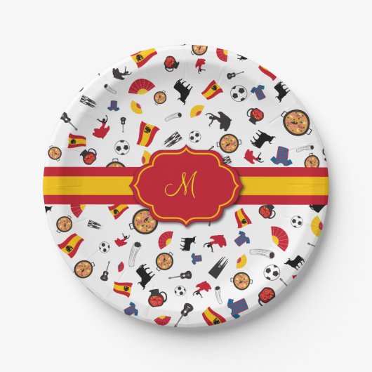あなたのモノグラムを加える旗が付いているスペインのな項目 ペーパープレート (正面)