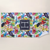 あなたのモノグラム|のカラフルな水彩画のオウムを加えて下さい ビーチタオル (正面)