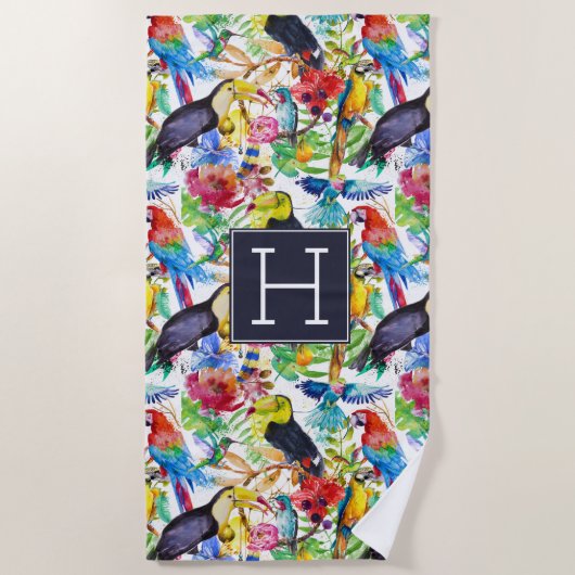 あなたのモノグラム|のカラフルな水彩画のオウムを加えて下さい ビーチタオル (正面)