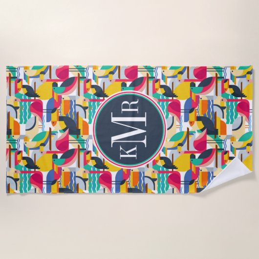 あなたのモノグラム|の幾何学的な熱帯鳥を加えて下さい ビーチタオル (正面)