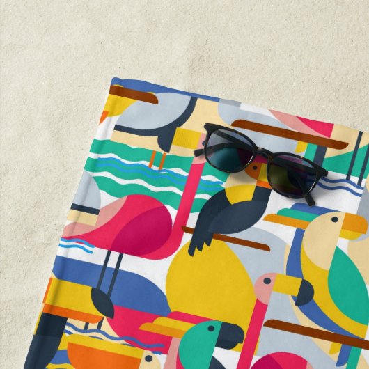 あなたのモノグラム|の幾何学的な熱帯鳥を加えて下さい ビーチタオル (インサイチュ)