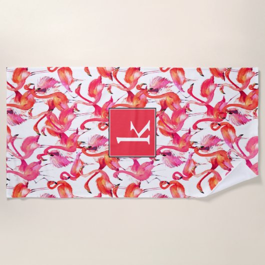 あなたのモノグラム|の水彩画のフラミンゴを加えて下さい ビーチタオル (正面)