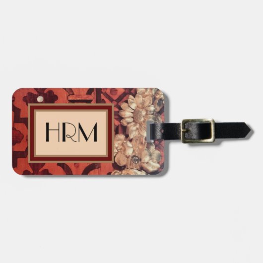 あなたのモノグラム、はめ込まれた木及び金ゴールドの花柄のイメージ ラゲッジタグ (正面横)