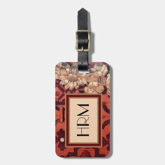 あなたのモノグラム、はめ込まれた木及び金ゴールドの花柄のイメージ ラゲッジタグ (正面縦)