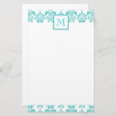 あなたのモノグラム、ティール(緑がかった色)のダマスク織パターン2 便箋 (正面/裏面)