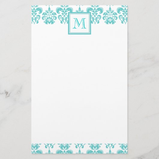 あなたのモノグラム、ティール(緑がかった色)のダマスク織パターン2 便箋 (正面)