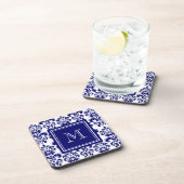 あなたのモノグラム、濃紺のダマスク織パターン2 コースター (右側)