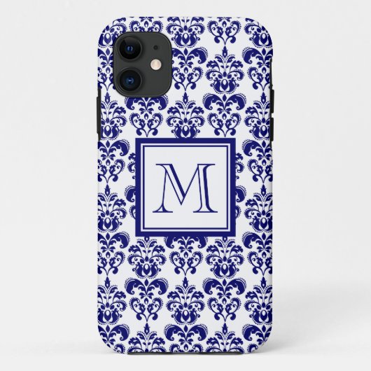 あなたのモノグラム、濃紺のダマスク織パターン2 Case-Mate iPhoneケース (裏面)