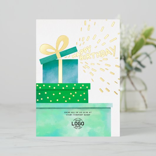 あなたのロゴおもしろいグリーンギフトビジネスハッピーバースデー 箔招待状 (立ち正面)