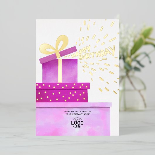 あなたのロゴおもしろい暖かいピンクのギフトボックスビジネス 箔招待状 (立ち正面)