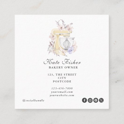 あなたのロゴはこちらケーキベーキングシェフフローラ水彩 スクエア名刺 (裏面)