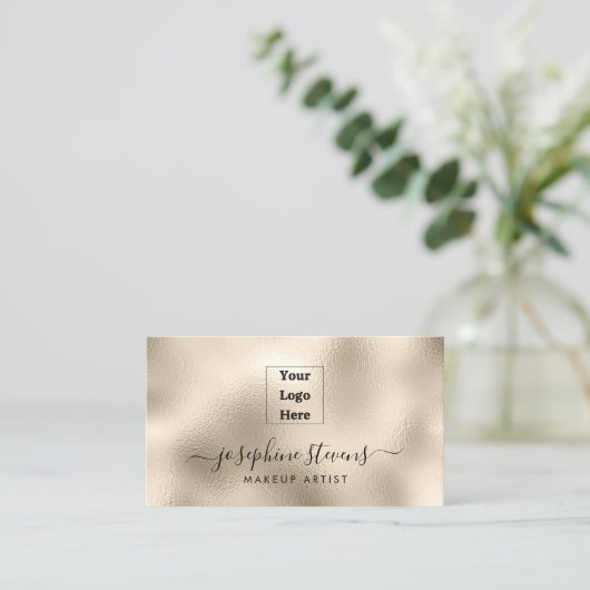 あなたのロゴはこちらシャンパンフォイルスクリプトタイポグラフィ 名刺 (スタンド正面)