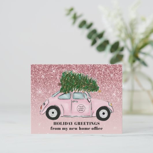 あなたのロゴはこちらピンクの車クリスマスツリーオフィスの移動 案内ポストカード (スタンド正面)