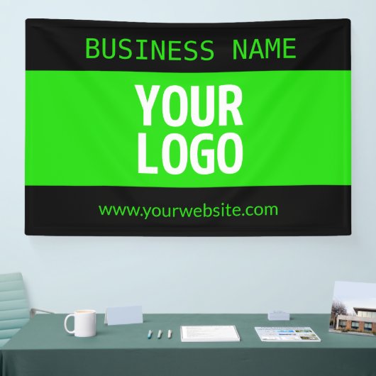 あなたのロゴまたはイメージ | 黒 & 明るい緑 横断幕 (トレードショー)