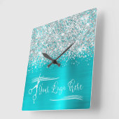 あなたのロゴシルバーグリッターターコイズブルーグラム スクエア壁時計 (傾斜)