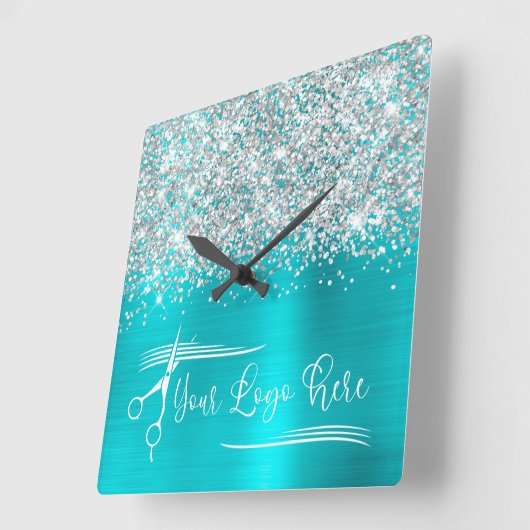 あなたのロゴシルバーグリッターターコイズブルーグラム スクエア壁時計 (傾斜)