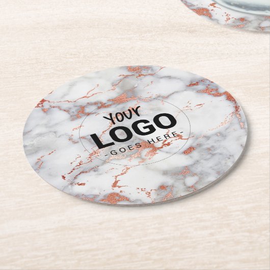 あなたのロゴバラ金ゴールドと灰色の大理石の石 ラウンドペーパーコースター (アングル)