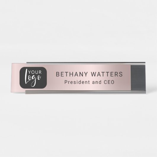 あなたのロゴバラ金ゴールド赤面メタリックシックモダン デスクネームプレート (正面)