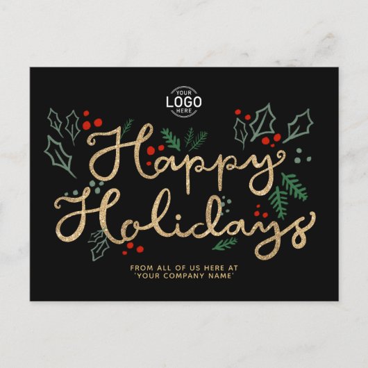 あなたのロゴビジネス金ゴールドハッピー文字ホリデーズブラック シーズンポストカード (正面)
