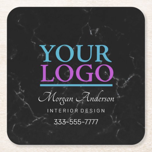あなたのロゴ、あなたのビジネスを宣伝DIY、黒い大理石 スクエアペーパーコースター (正面)