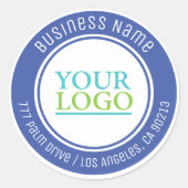 あなたのロゴ、バス。名前のアドレスまたは任意の文字、メッドブルー ラウンドシール (正面)
