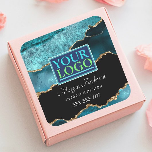 あなたのロゴ、ビジネスDIY、ティール（緑がかった色）ブラック&金ゴールドゲート スクエアシール