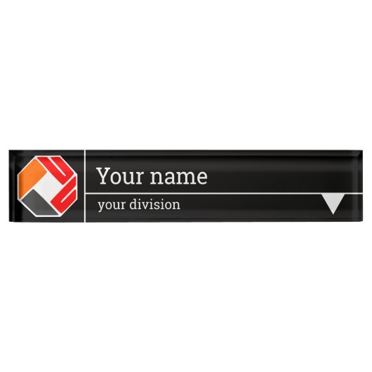あなたのロゴ、名前と分割 – 黒の背景de デスクネームプレート (正面)